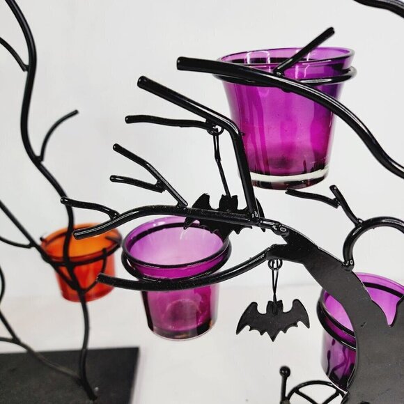 Lot of 2 Halloween Glass Votive Candle Holders Bats Spiders Metal Tree Spooky - Picture 2 of 13